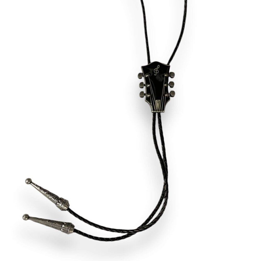 Black Guitar Bolo Tie Silver Accents Leather Braided Western Music Necktie NWT - Picture 3 of 4